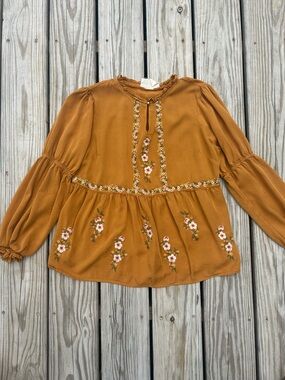 Savanna Jane Blouse Women's M Mustard Embroidered Floral Long Sleeve Shirt Top